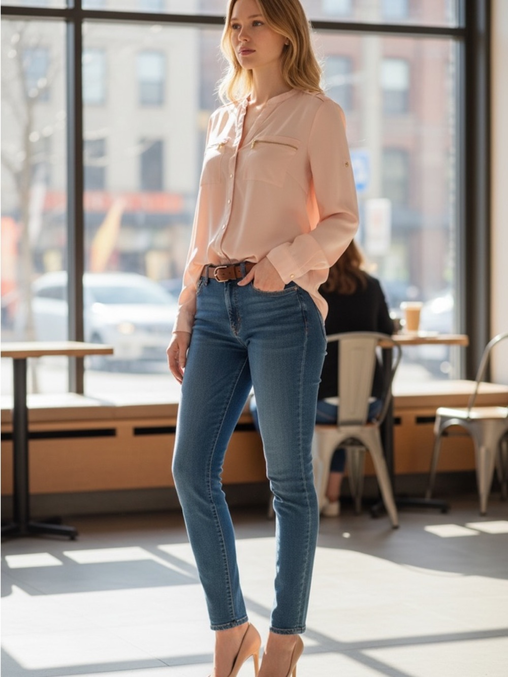 Calvin Klein Women's Light Blush Button-Down Shirt with Zip Pockets